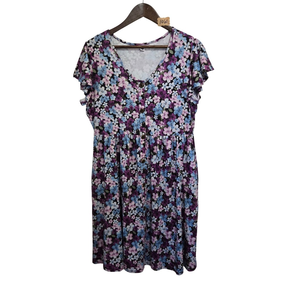Your Style Womens XL Floral Button Front V-Neck Flutter Sleeve Dress Purple Blue